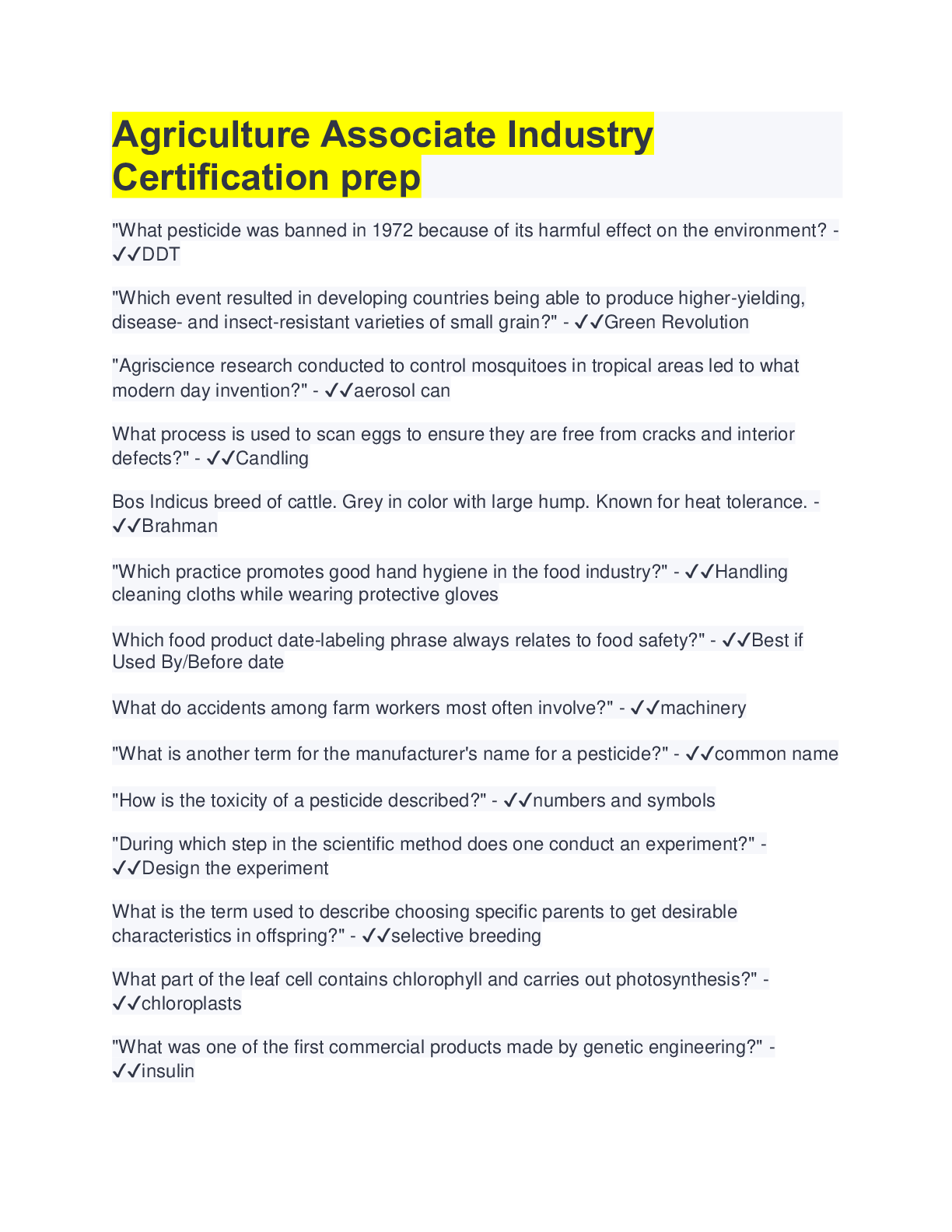 Recommended document preview for Agriculture Associate Industry Certification prep | 76 Questions with 100% Correct Answers